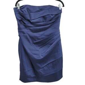 David's Bridal Strapless Mini Dress 10 Navy Satin Pleated Ruched Bodycon Prom